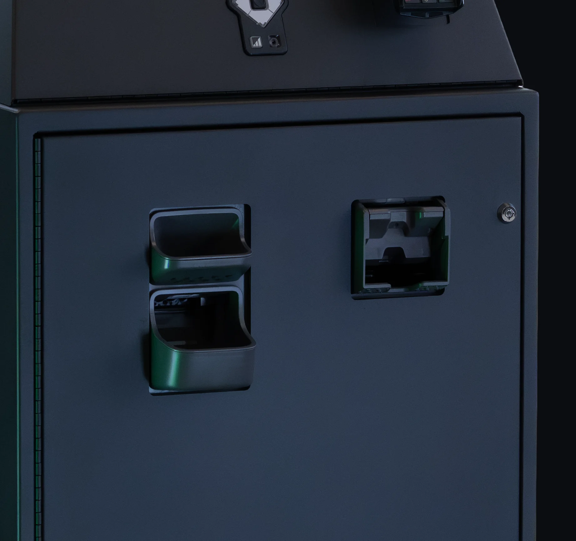 Note and coin recyclers in the cabinet of a Giosk 32F Cash-Accepting kiosk