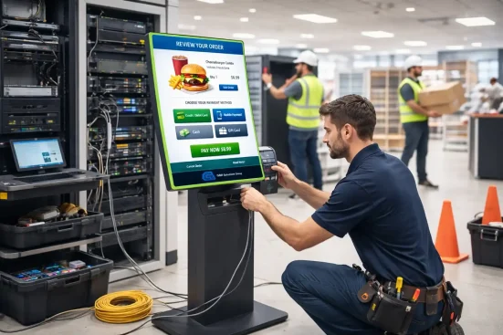 G&R Solutions onsite kiosk installation technician connecting hardware and cables for system deployment and multi location IT setup
