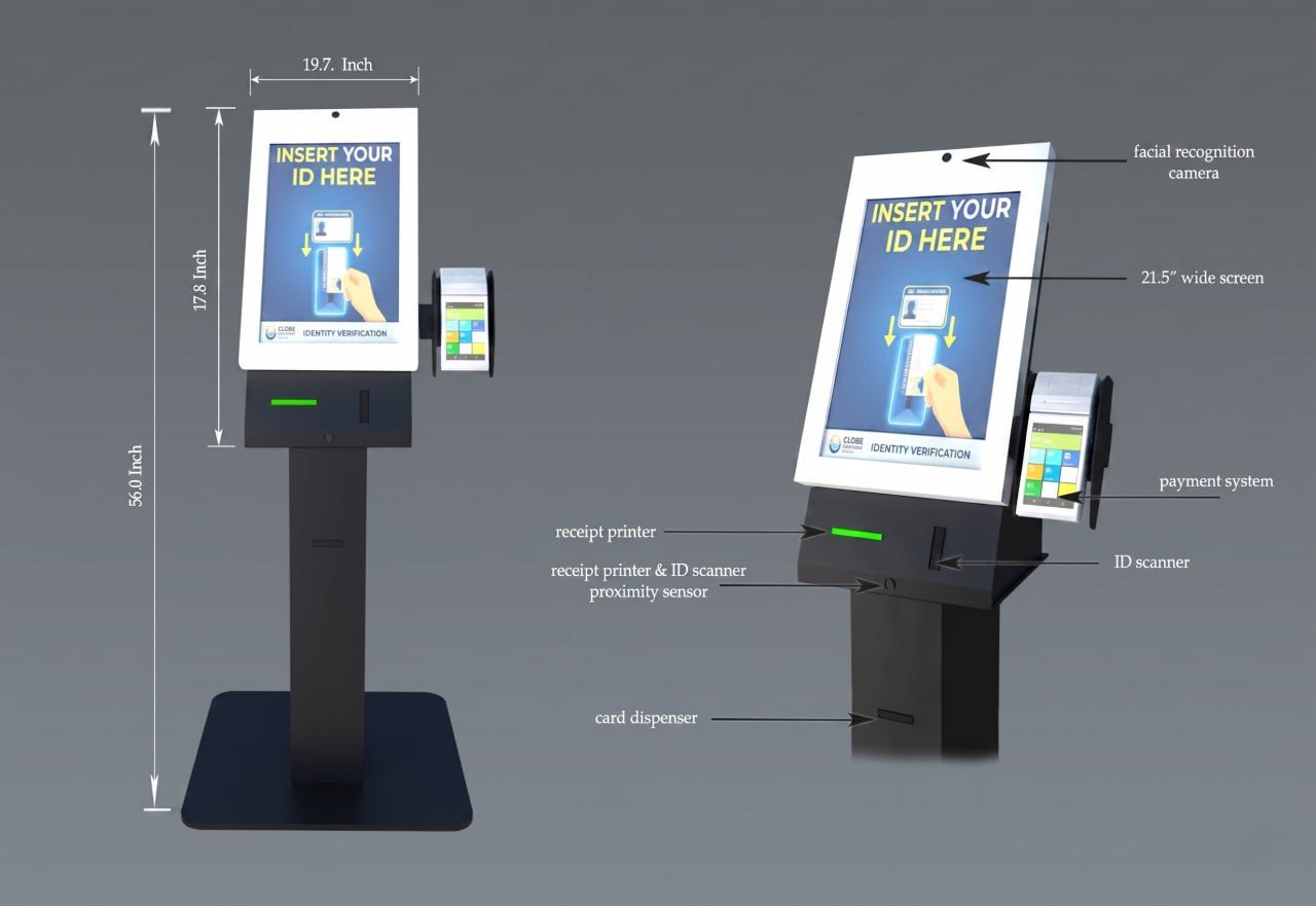 G&R Solutions lobby check-in kiosk with system overview showing self service check-in process and guest registration flow
